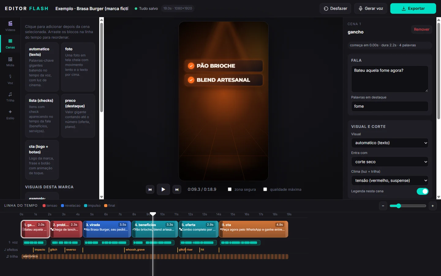 Tela do Editor Flash: prévia do vídeo no centro, painel da cena à direita e linha do tempo com voz, efeitos e trilha embaixo